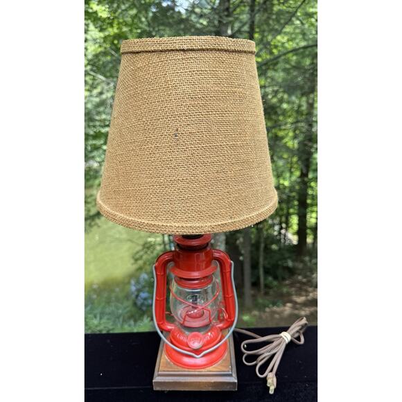 DIETZ Ranch Craft Railroad Lantern Table Lamp With Burlap Shade Works! - Picture 1 of 11